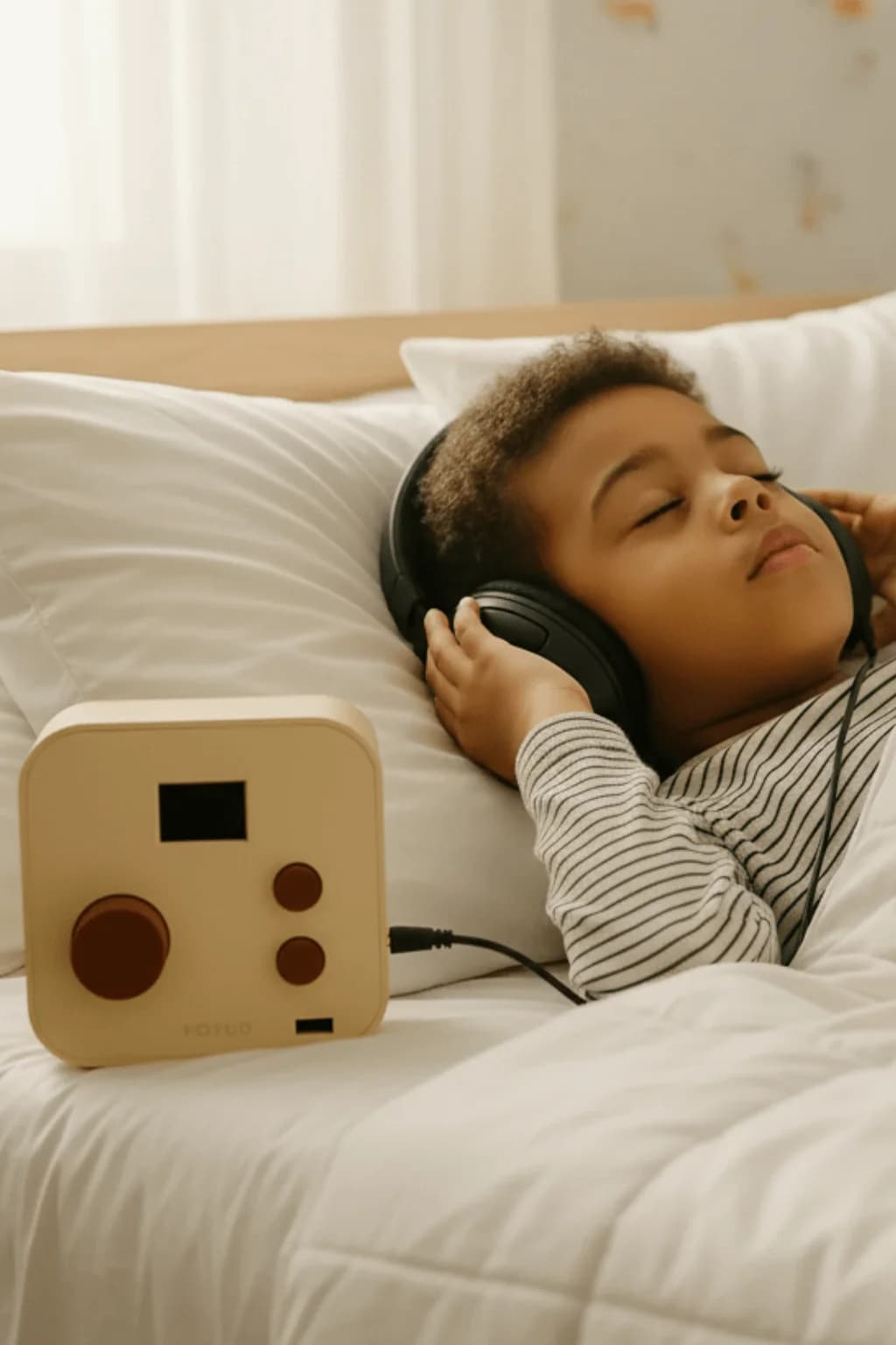Enfant écoutant une histoire sur une conteuse audio sans écran naaya