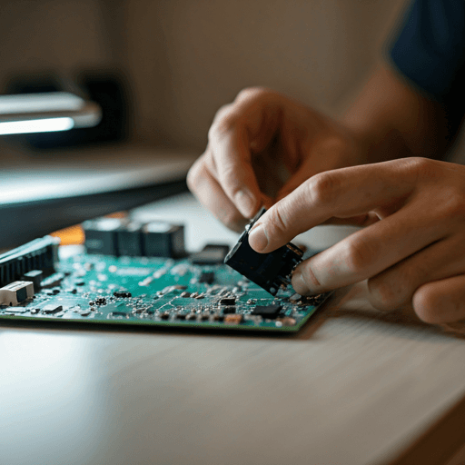 Gros plan sur des mains assemblant des composants électroniques dans un atelier lumineux