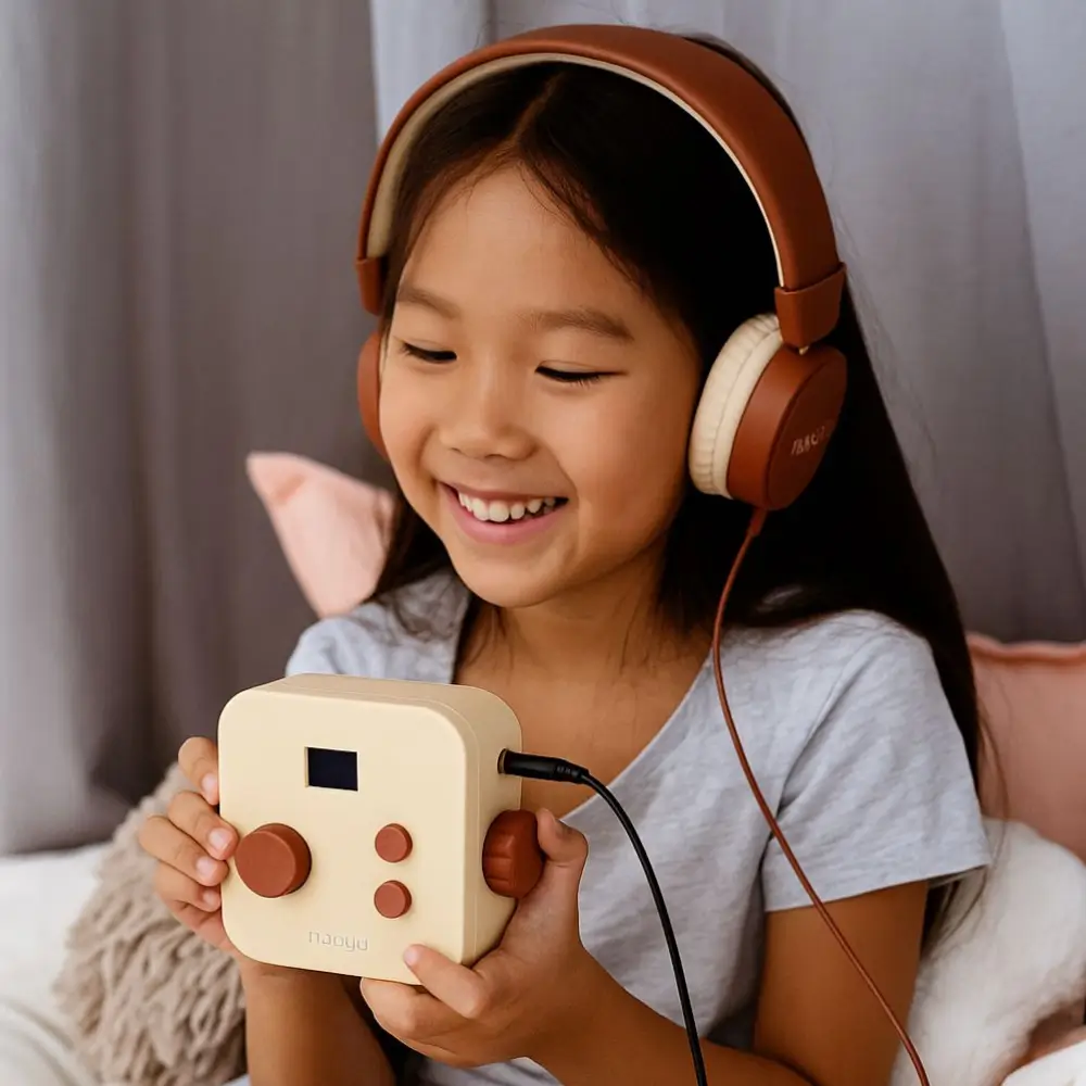 Une petite fille écoute la boîte à histoire, naaya